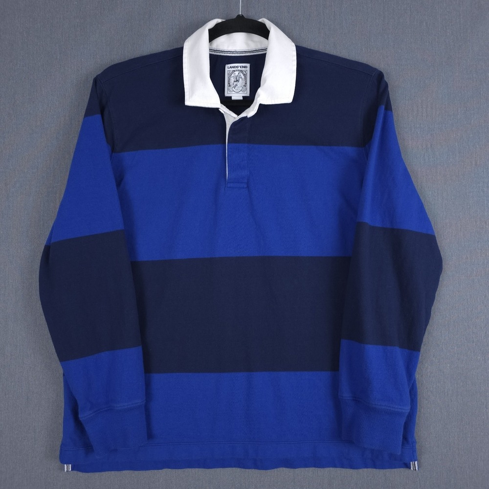 Lands End Rugby Polo Shirt Mens XL Blue Striped White Collar Long Sleeve Preppy